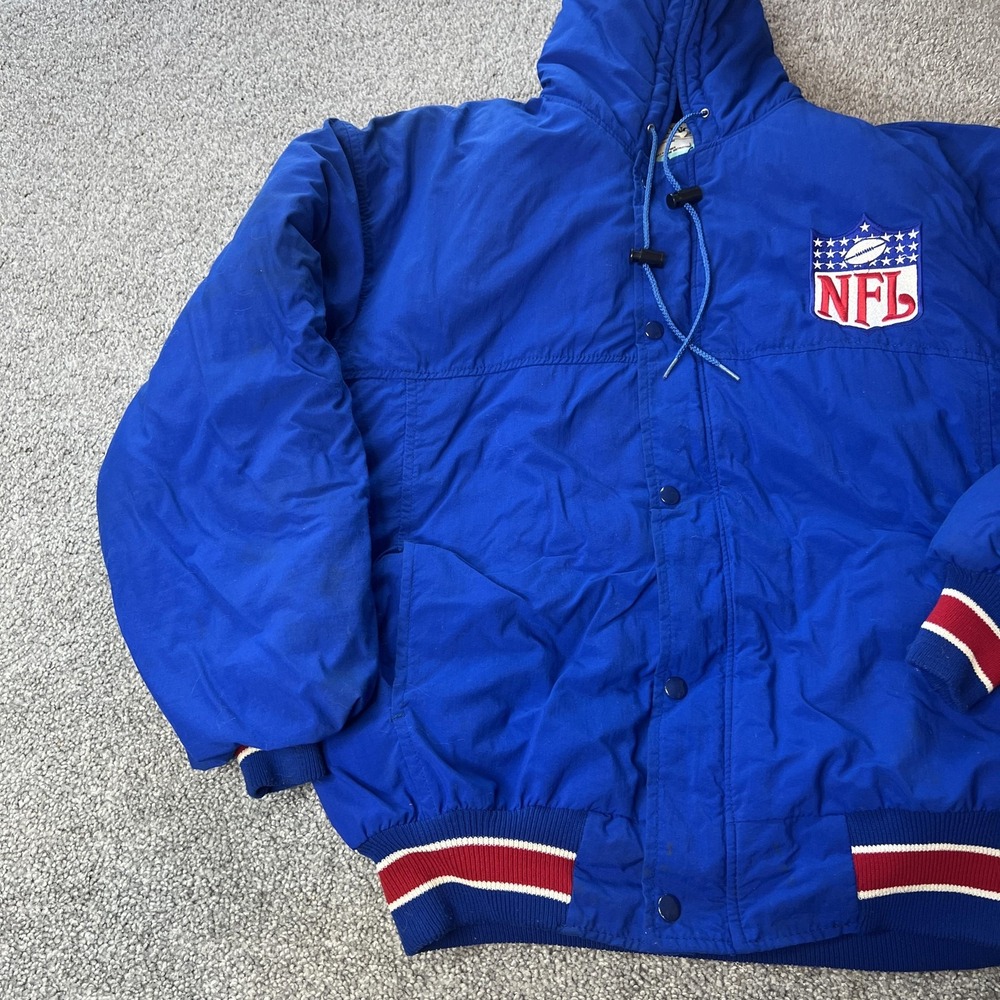 Vtg delong NFL Jacket Mens Large Blue NFL‎ Football Hooded Puffer Coat USA 80s - Picture 2 of 14